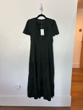 Quince Dark Green Satin Tiered Maxi Dress - NWT - XS